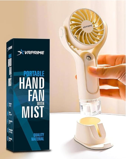 Portable hand fan with mist spray and USB rechargeable cooling fan